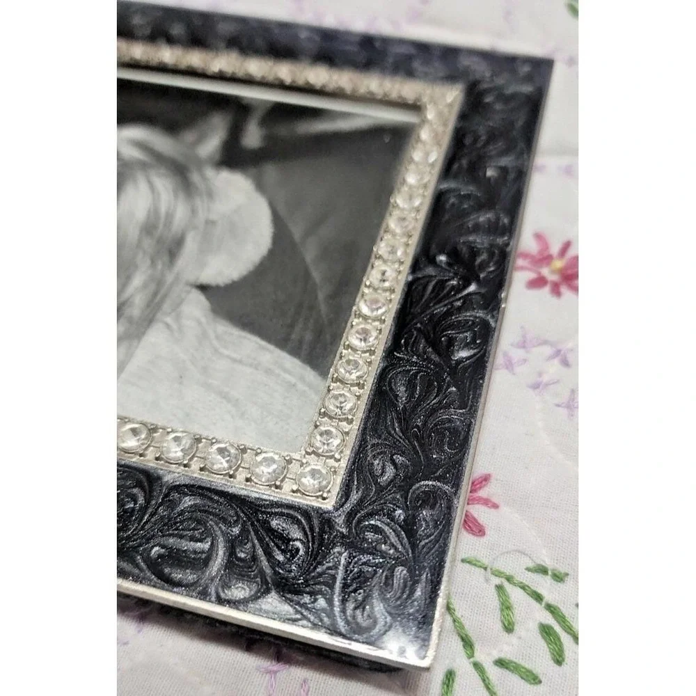 Black Scrollwork Rhinestone Picture Frame‎ 4x6 Tabletop Decorative Silver Trim